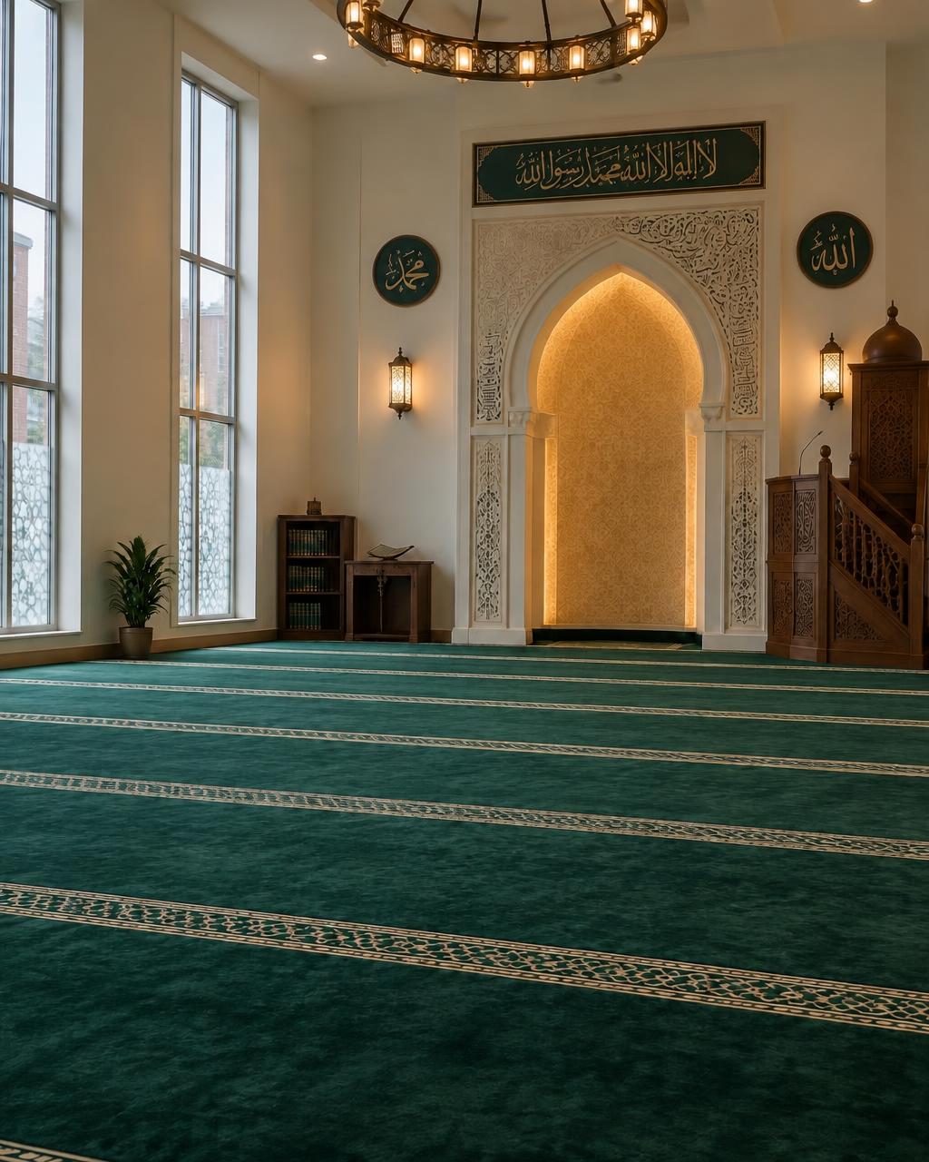 A calm prayer hall with green carpet and a lit mihrab