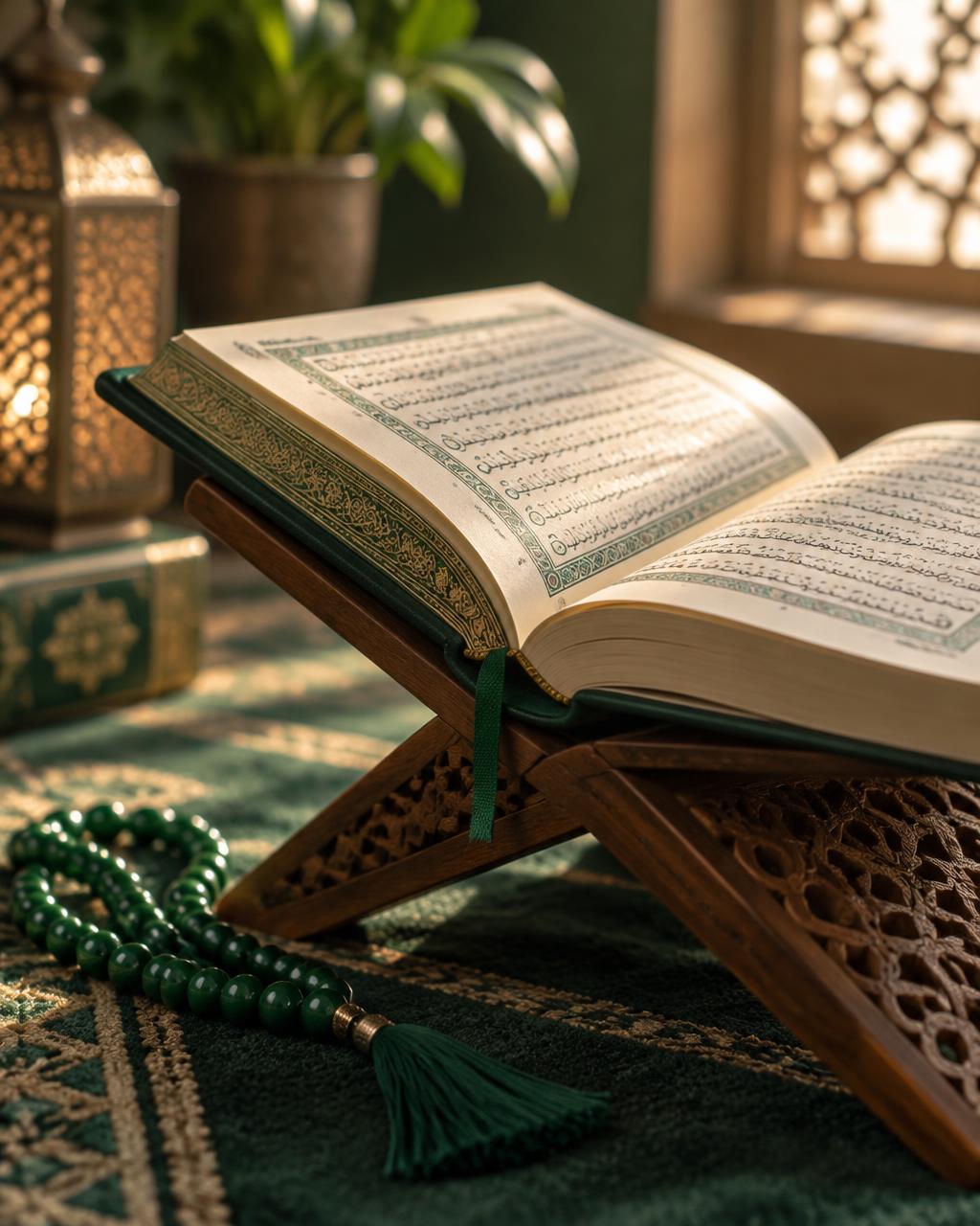 An open Qur'an on a carved wooden stand with prayer beads