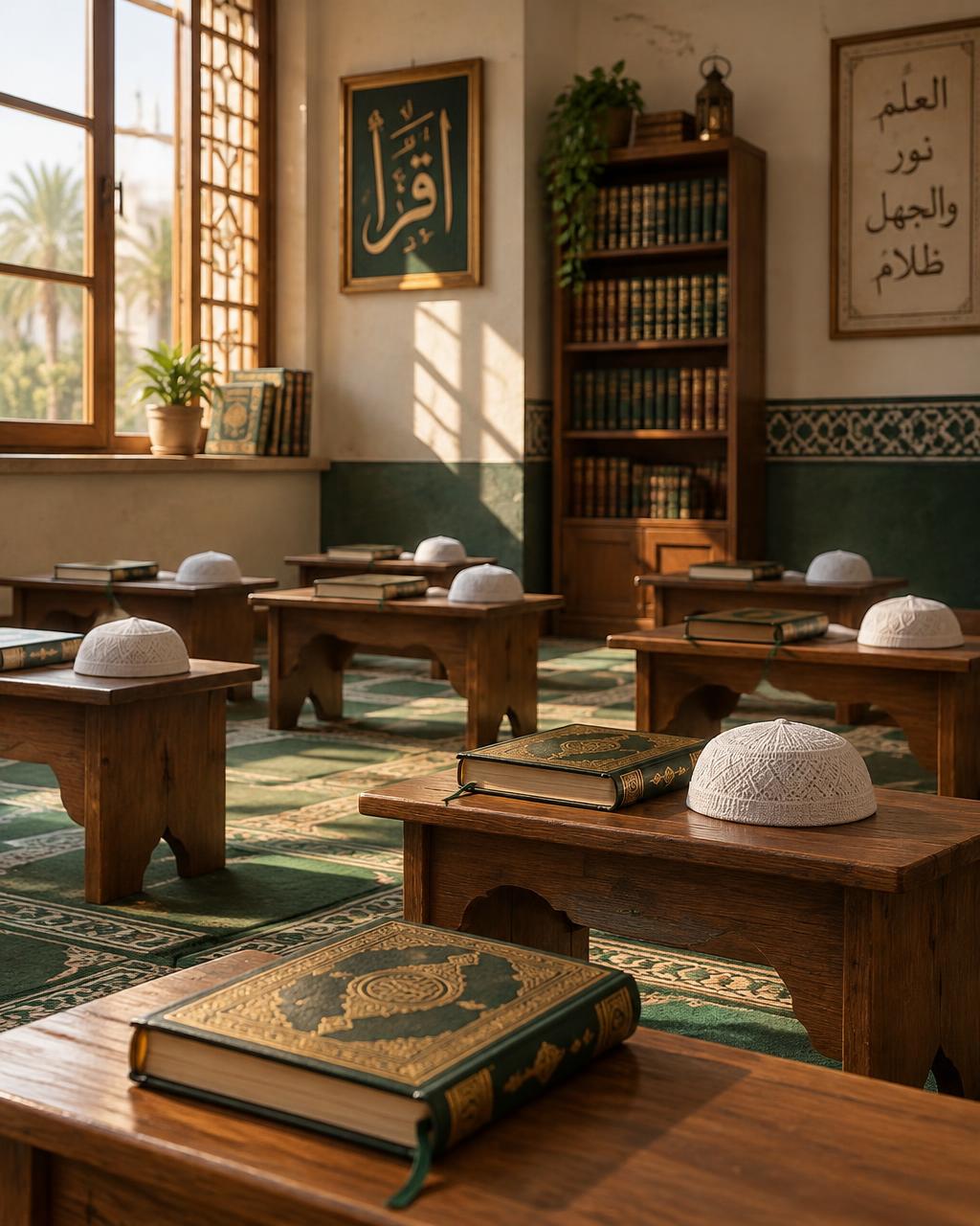 Madrasah desks set with Qur'ans and prayer caps